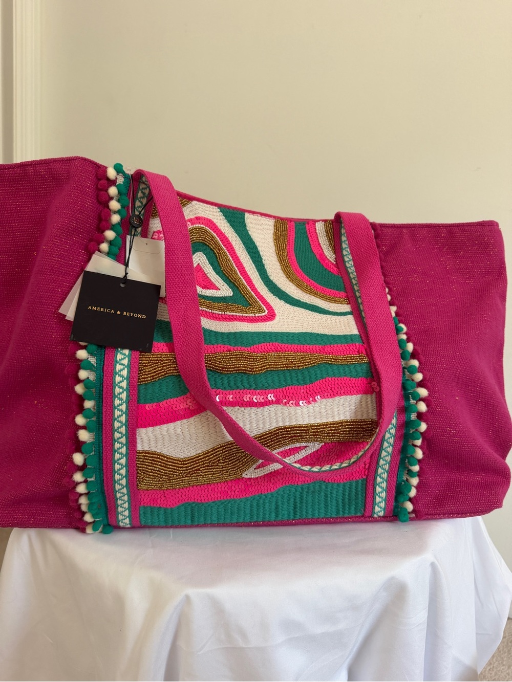 Pink Multicolor Embroidered Tote